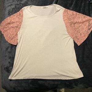 White Top with Pink Lace Sleeves
